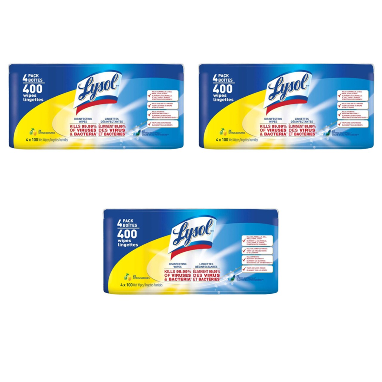 Lysol   Disinfecting Wipes – 4x100ct – Citrus and Spring Waterfall – Disinfectant – Cleaning – Sanitizing (Pack of 3)